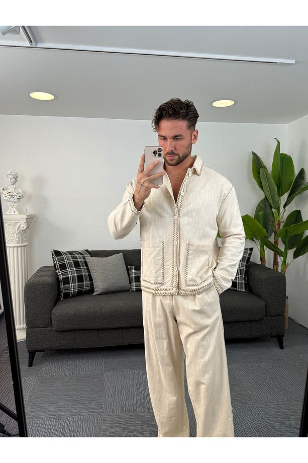 Bej Nakışlı Linen Premium Gömlek - 1
