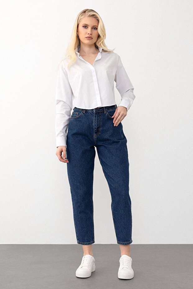 High Waist Carrot Fit Jean Pants Dark Blue 7573