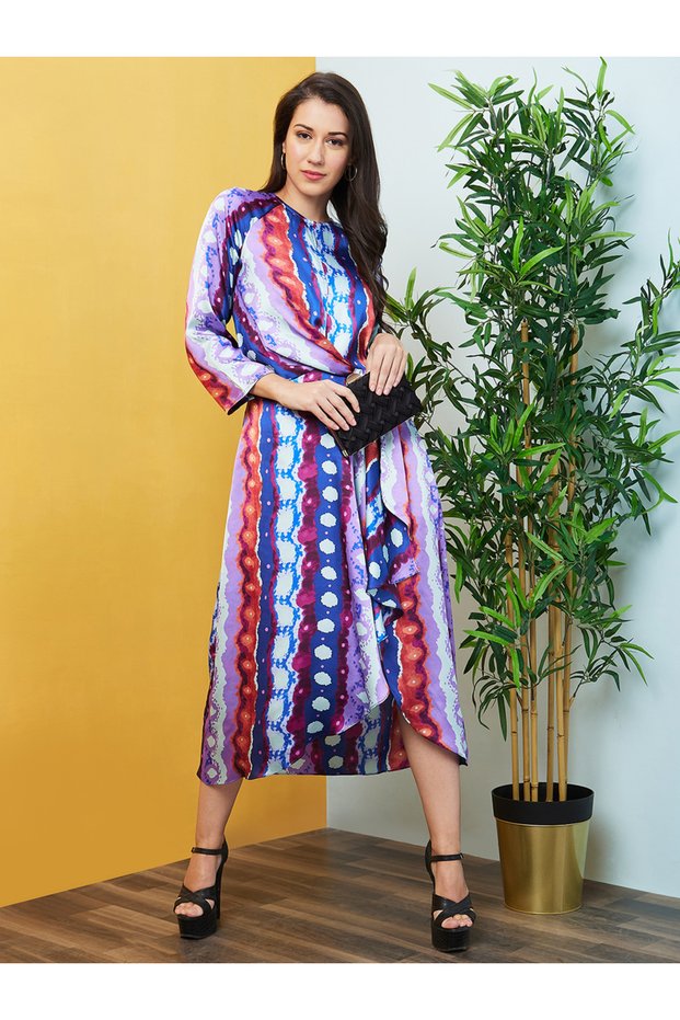 Abstract Print Waist Tie Up Midi Dress