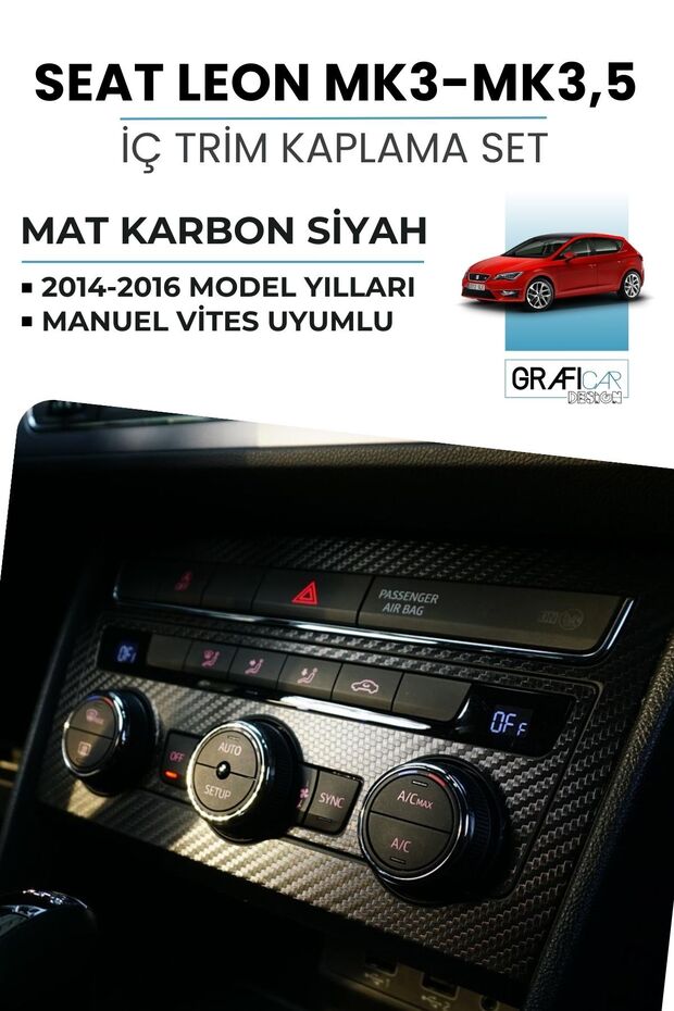 مجموعة ملصقات مطلية بالزخرفة الداخلية لـ Seat Leon Mk3-3.5 باللون الأسود الكربوني غير اللامع / 2014-2016 متوافقة مع ناقل الحركة اليدوي