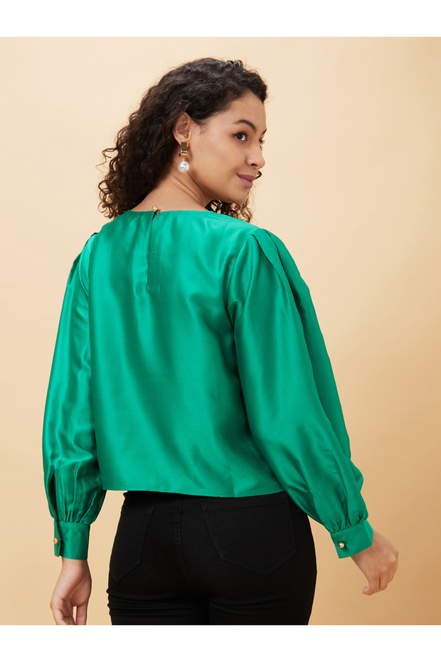 بلوزة سادة برقبة دائرية وأكمام منفوخة - 3