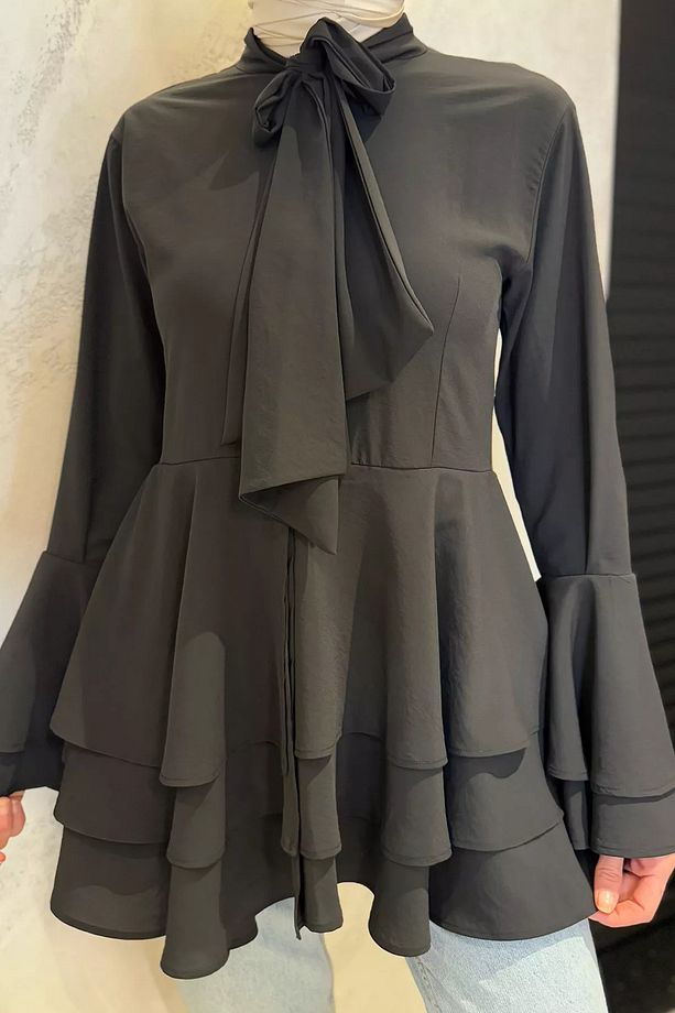 Siyah Tesettür Piliseli Şifon Tunik - 8