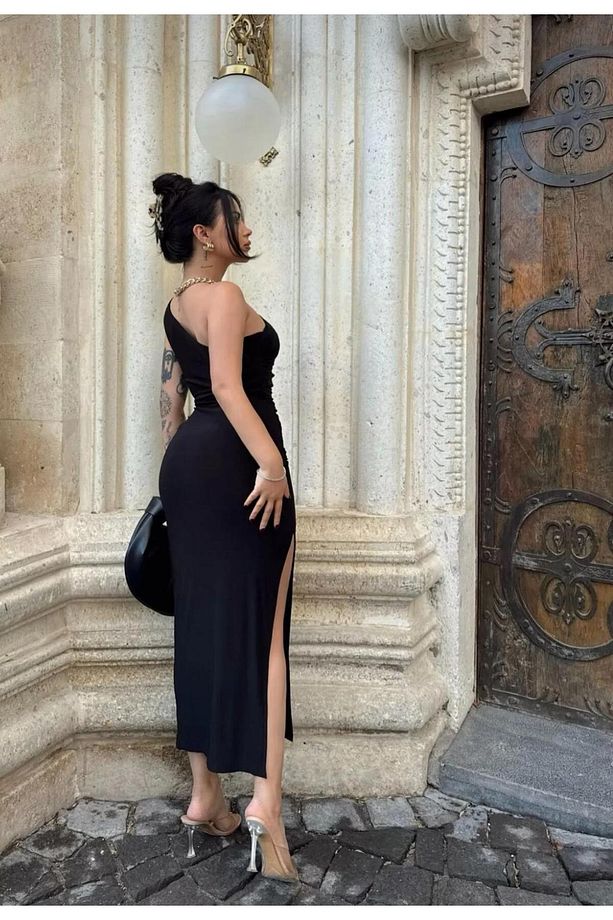 İsabella Tek Omuz Detaylı Drapelli Sendy Yırtmaçlı Elbise - 3