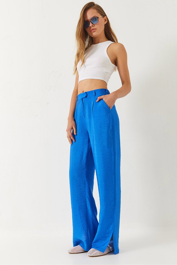 Women's Cobalt blue Slit Detail Wide Leg Palazzo Trousers with Pockets 60261487