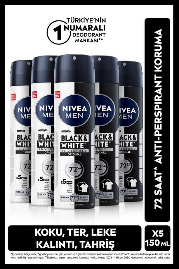 Men Erkeak Sprey Deodorant Black & White Invisible Original 150ml, 72 Saat Anti-perspirant, X5 Adet - 1