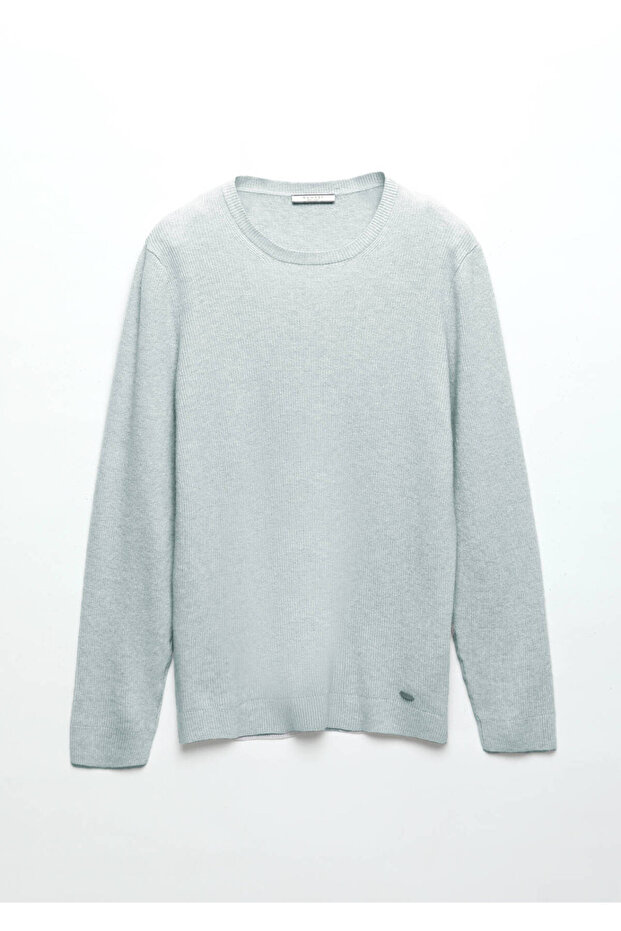 Açık Mavi Bisiklet Yaka Düz Örgü Yün Karışımlı Triko Kazak - 6