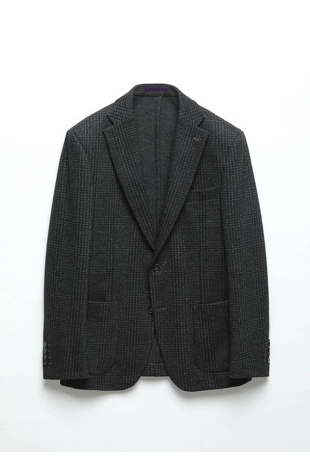 Antrasit Kareli Zeroweight Slim Fit Yün Karışımlı Örme Ceket - 8
