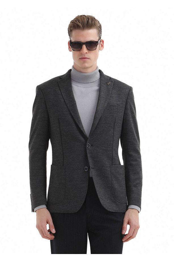Antrasit Düz Zeroweight Slim Fit Yün Karışımlı Örme Ceket - 1