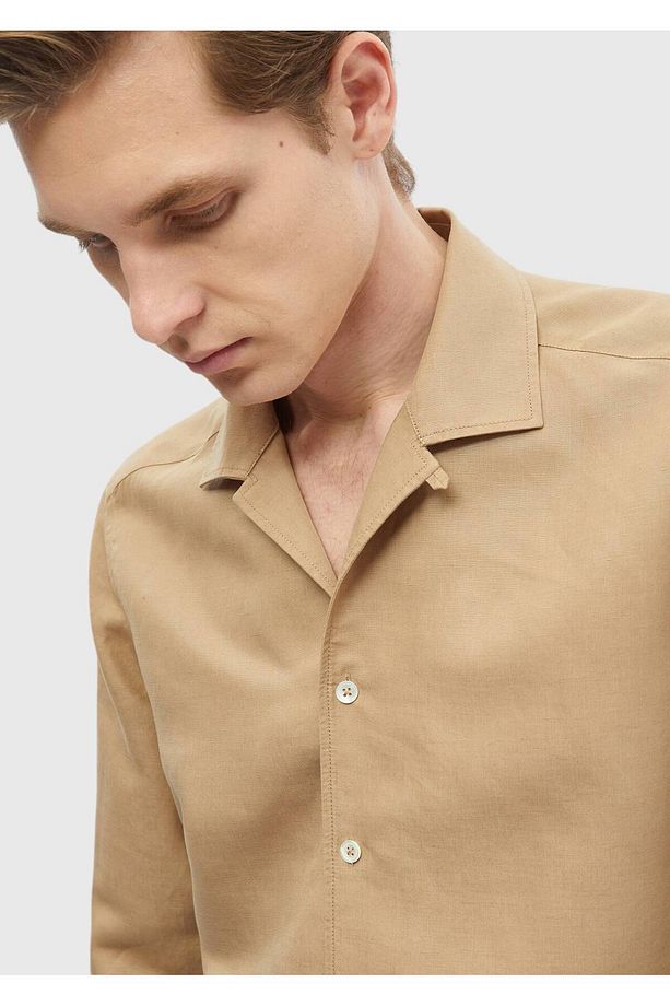 Deve Tüyü Düz Regular Fit Dokuma Casual Keten Karışımlı Gömlek - 5