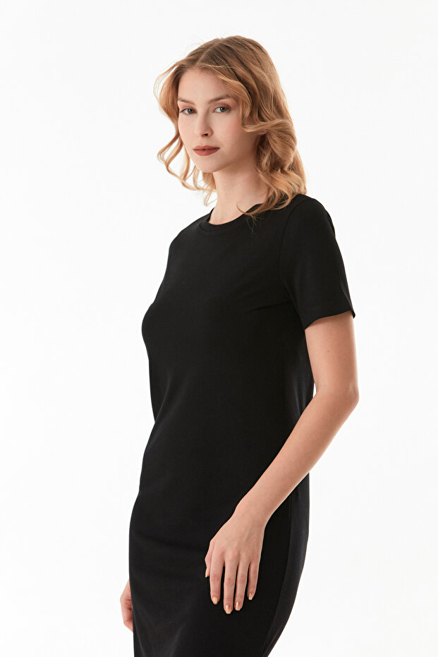 Basic Bisiklet Yaka Yırtmaçlı Elbise - 5