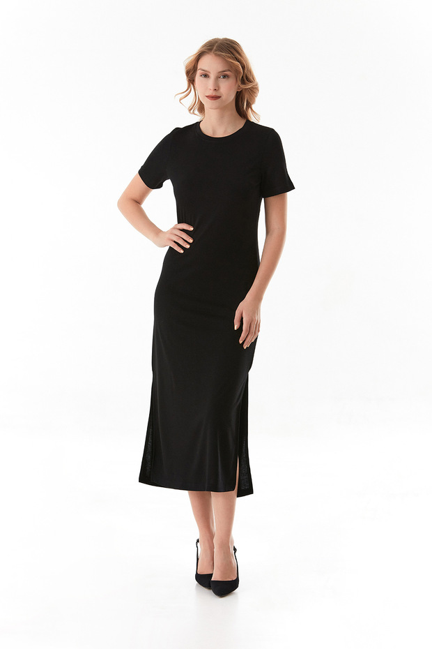 Basic Bisiklet Yaka Yırtmaçlı Elbise - 1