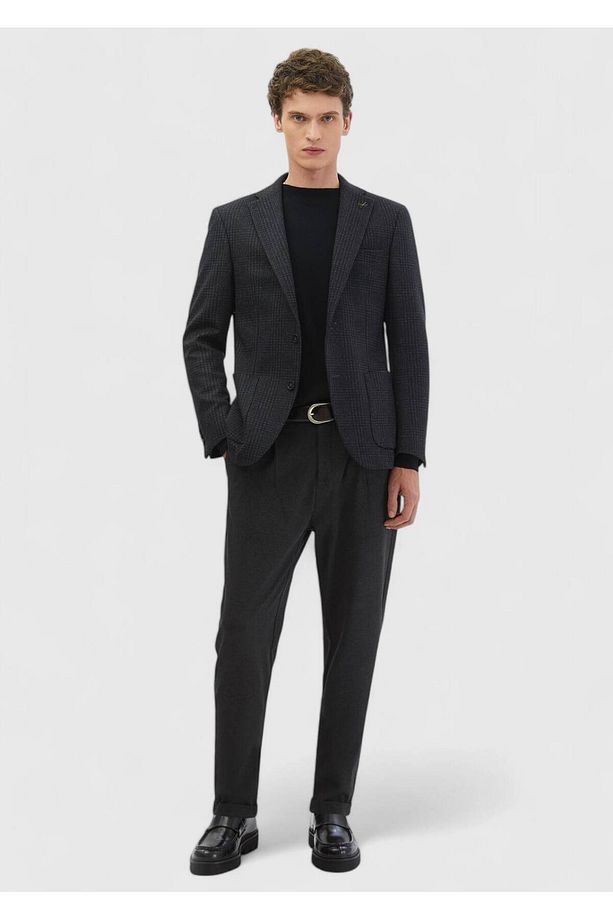 Antrasit Kareli Zeroweight Slim Fit Yün Karışımlı Örme Ceket - 2