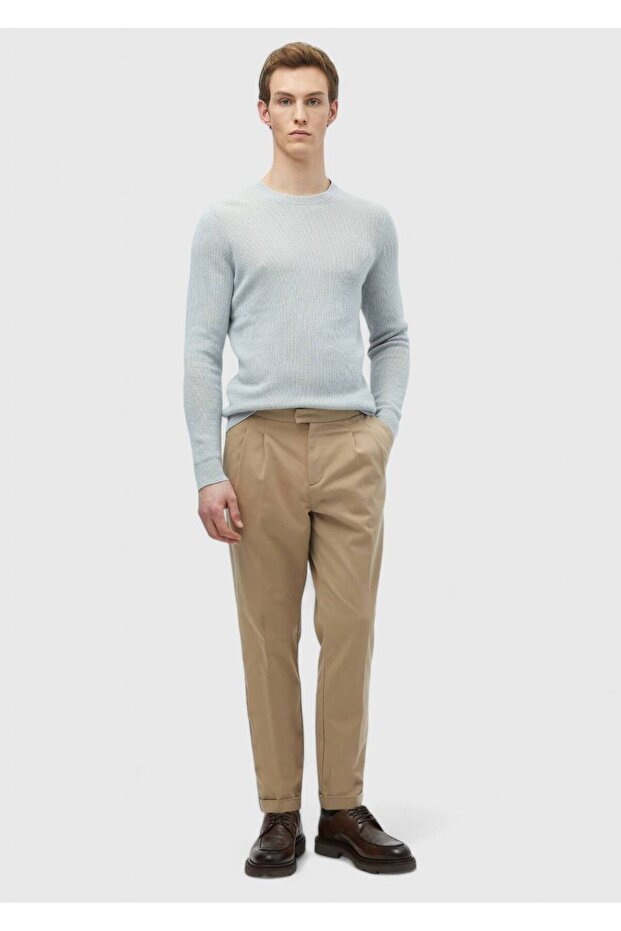 Açık Mavi Bisiklet Yaka Düz Örgü Yün Karışımlı Triko Kazak - 2