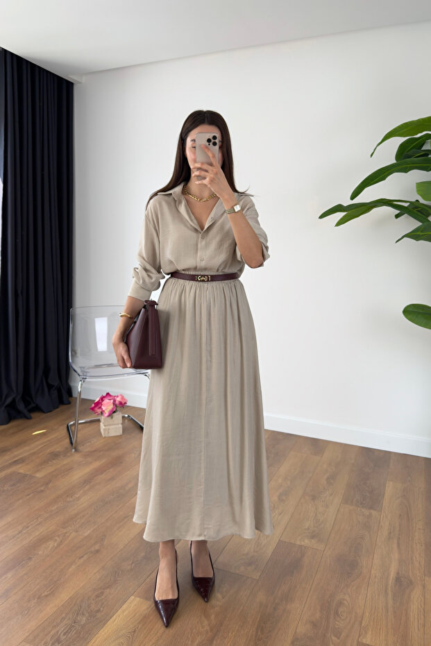 Velanna Beige Shirt Skirt Set