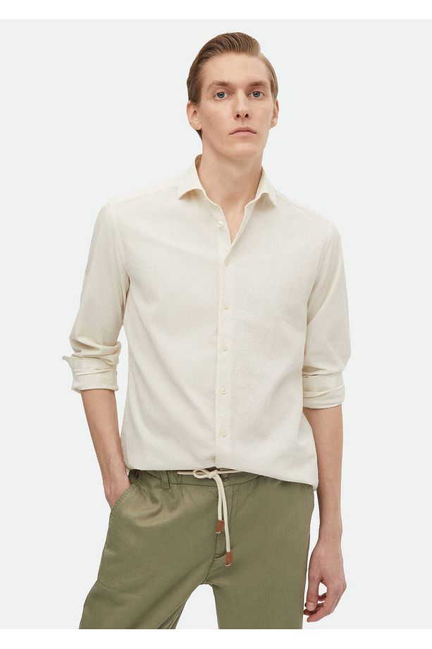 Bej Düz Regular Fit Dokuma Casual Pamuk Karışımlı Gömlek - 1