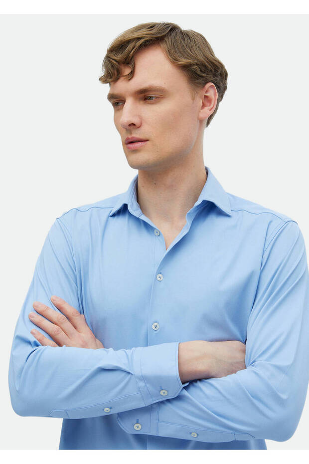 Mavi Düz Regular Fit Klasik Gömlek - 4