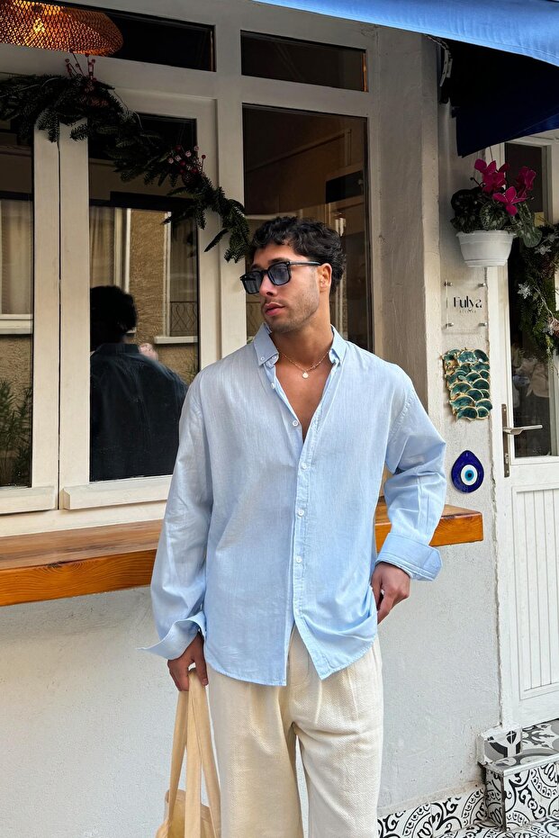 Basic Keten Gömlek Mavi - 1