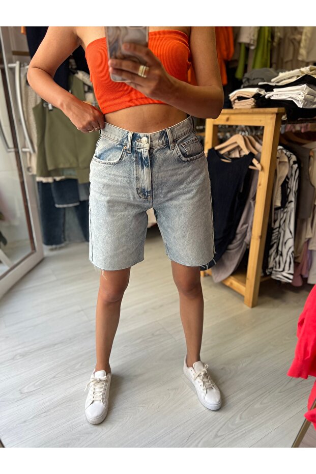 Buz mavi şehir boy denim şort - 2