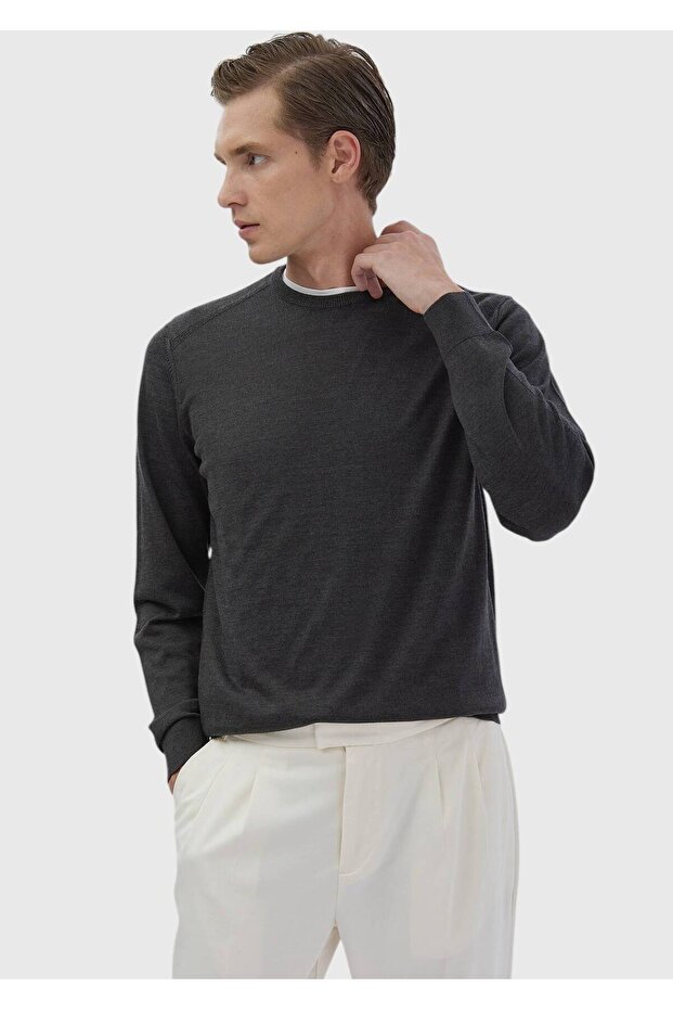 Antrasit Bisiklet Yaka Düz Örgü Yün Karışımlı Triko Kazak - 3