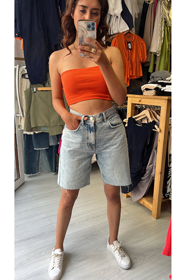 Buz mavi şehir boy denim şort - 3