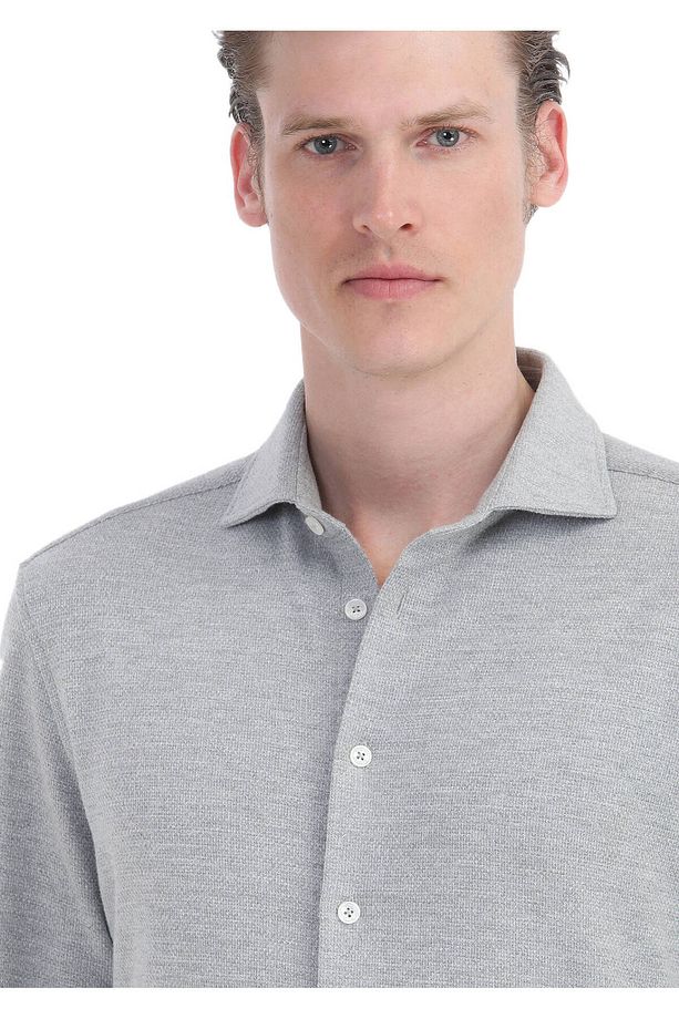 Açık Gri Mikro Regular Fit Casual Pamuk Karışımlı Gömlek - 4