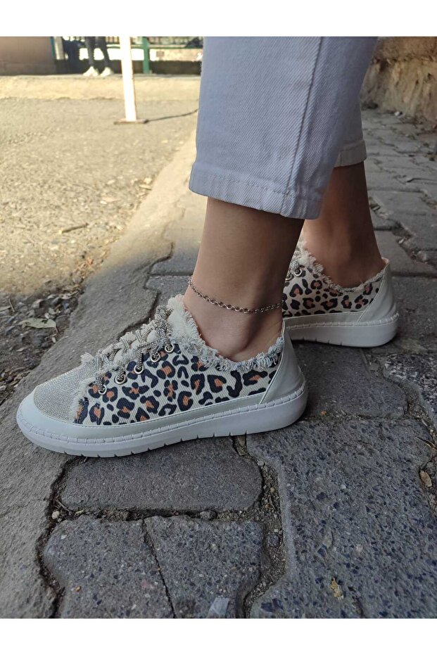 Alaçati Tasseled Stone Lace Sports Shoes - Leopard