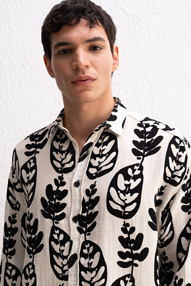 Leaf Patterned Beige Shirt - 1