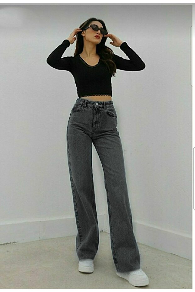 Talu Ash Grey Snow Lycra Super High Waist Loose Jeans Palazzo Pants