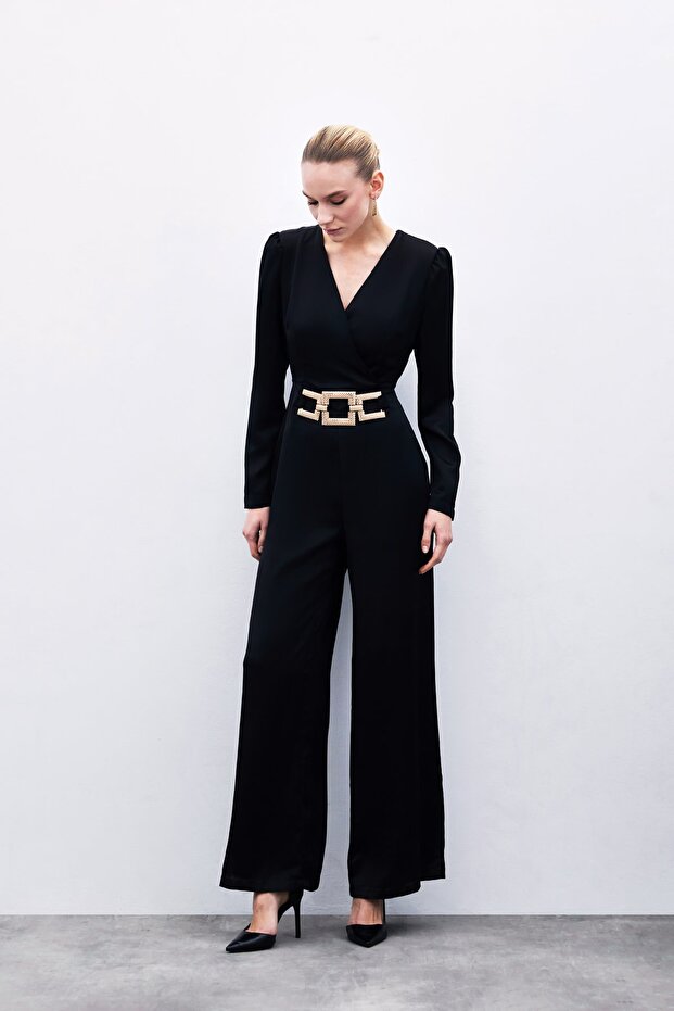 Satin Jumpsuit with Fixed Belt - Black