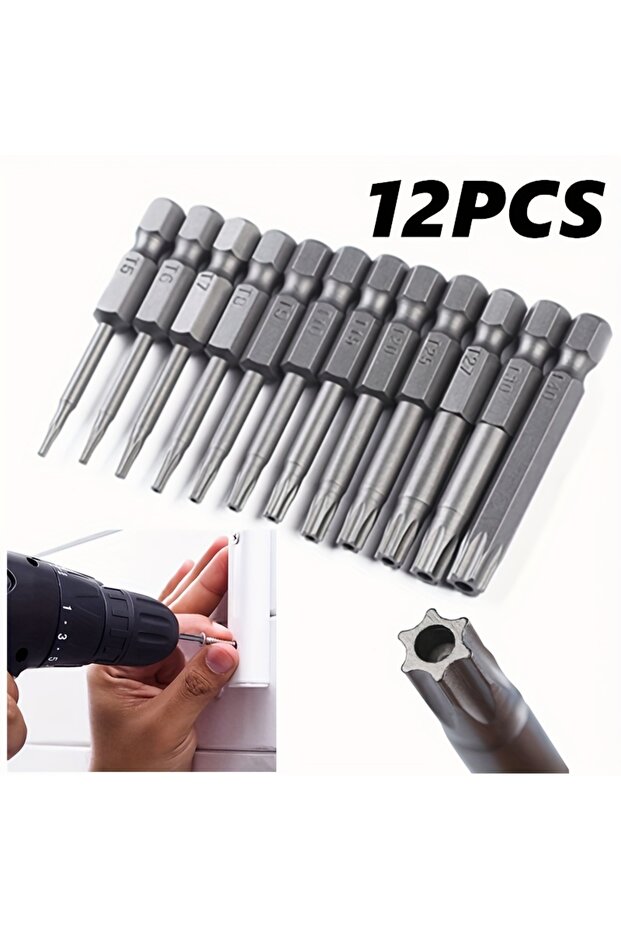 مجموعة من 12 قطعة من رؤوس مفكات Torx ذات الثقوب السداسية مقاس 50 مم و1/4 بوصة - تتضمن T5-T40!