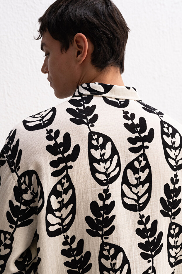 Leaf Patterned Beige Shirt - 5