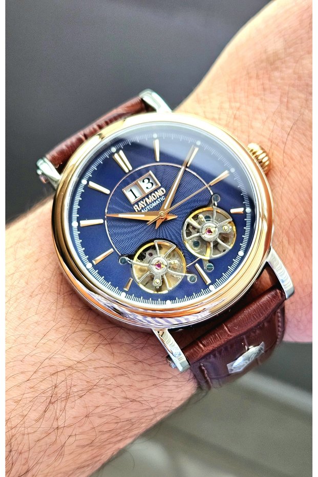 Rym-33002 Raymond Automatic Double Turbulon Mens Wristwatch - Stainless Steel Case and Leather Band