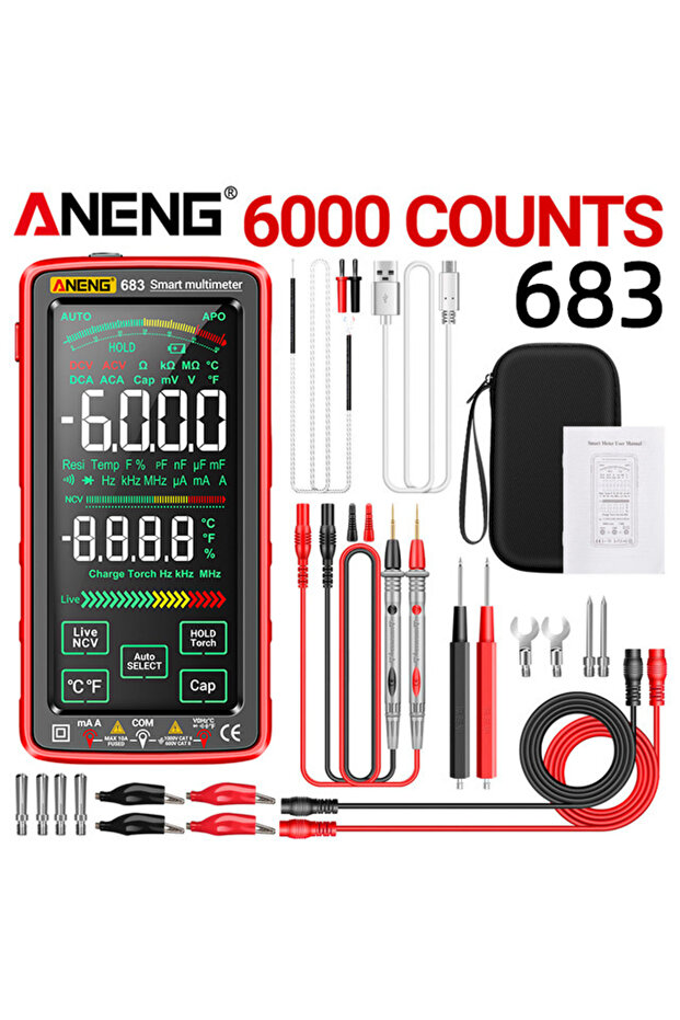 683 Red Pro ANENG 683 جهاز متعدد القياسات ذكي عالي الجودة يعمل باللمس 6000 عداد متعدد القياسات قابل لإعادة الشحن - 1
