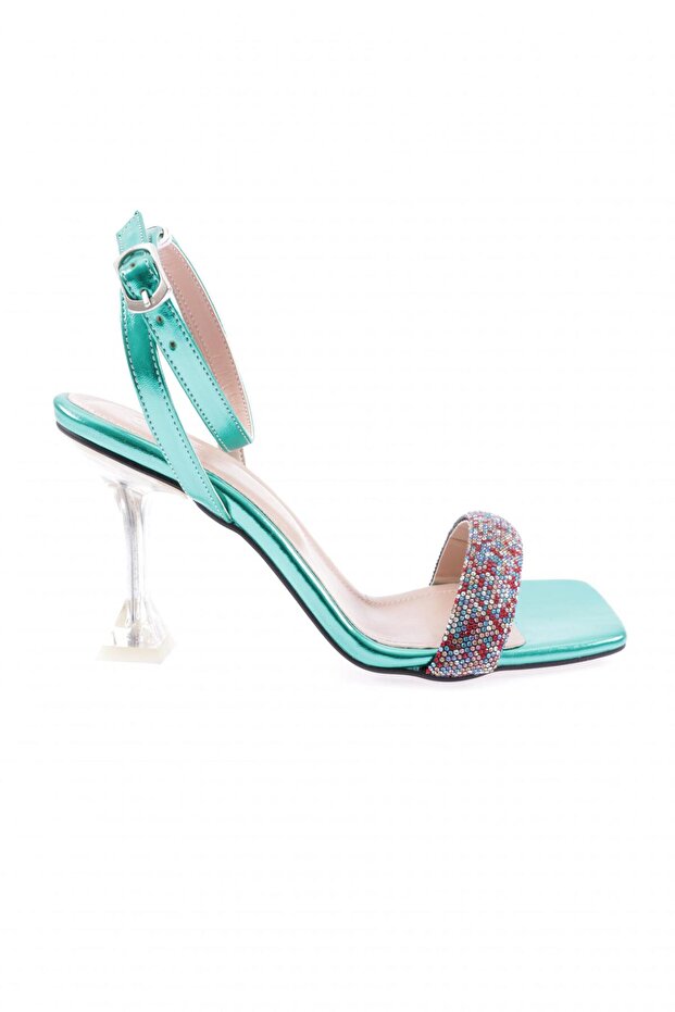 5161-23Y Women's Silver Stone Ankle Strap Heeled Shoes Green Metallic