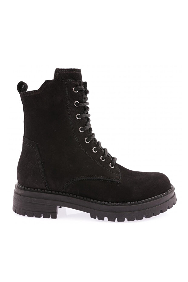 Women's Front Lace up Zippered Thick Sole Boots Black Nubuck 52123294