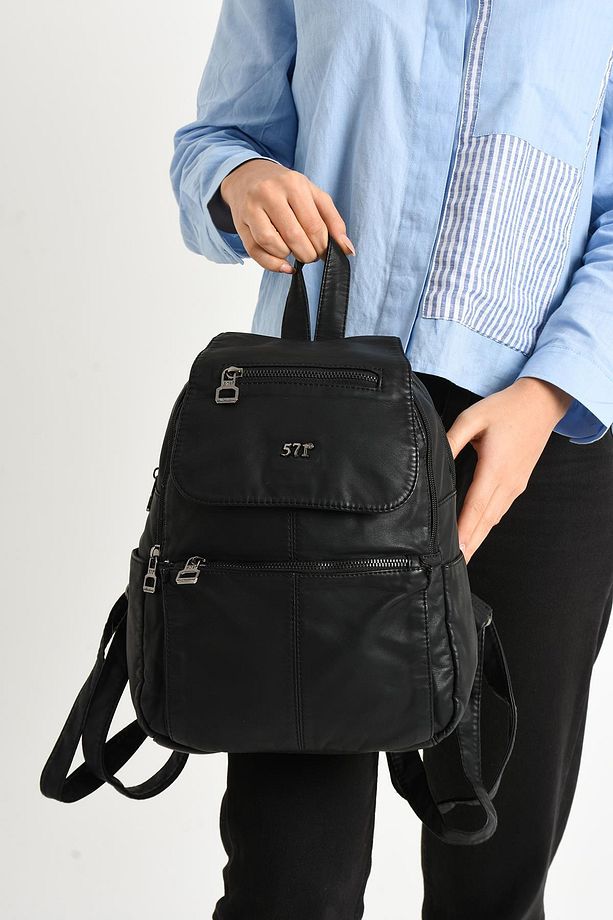 Yıkanmış Deri Sırt Çantası Siyah (Model: 571-9-11A) - 4