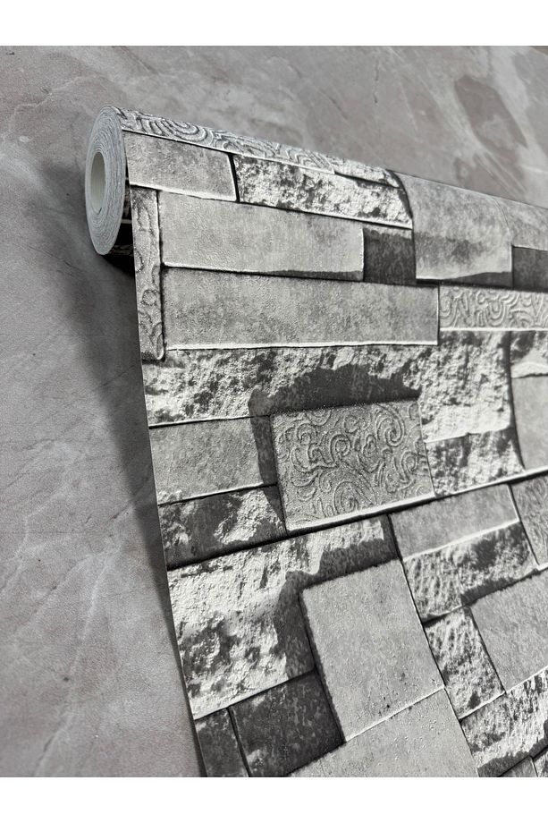 3 Boyutlu Taş Desenli Koyu Gri İthal Duvar Kağıdı - 5 M² - Tutkal Dahil - 159415 - 1