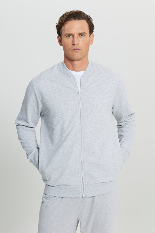 Erkek Gri Melanj Pamuklu Fermuarlı Standart Fit Normal Kesim Kolej Yaka Yan Cep Sweatshirt Ceket - 3