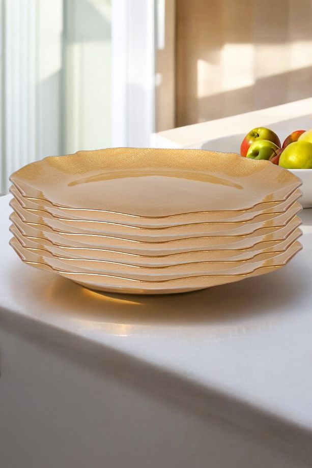 Fabric 6’lı Cam Dalgalı Kumaş Supla Tabak 32cm Metalik Altın  C320.045 - 3