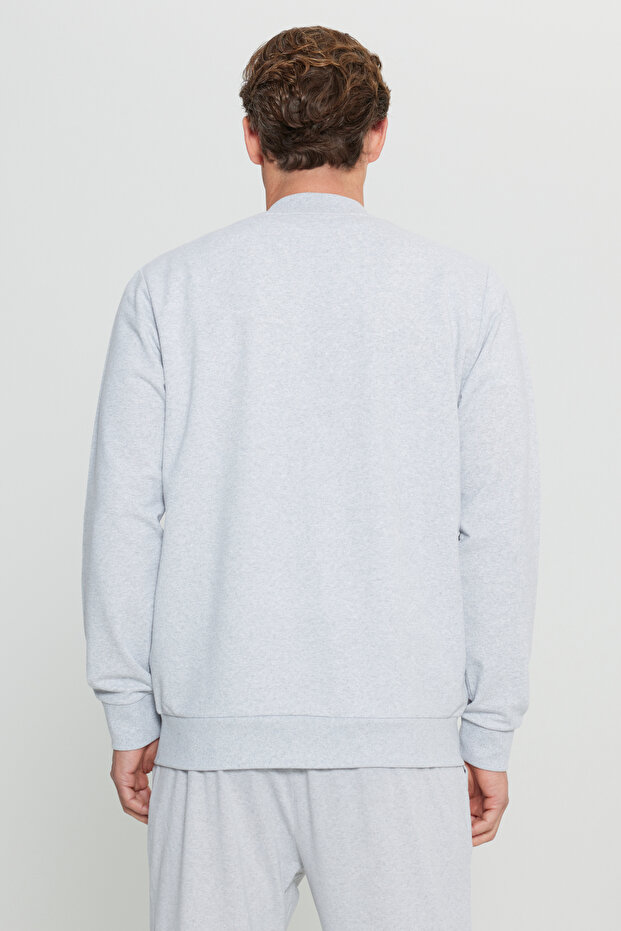 Erkek Gri Melanj Pamuklu Fermuarlı Standart Fit Normal Kesim Kolej Yaka Yan Cep Sweatshirt Ceket - 5