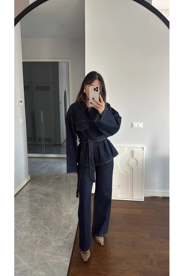 Denim Shirt Pants Suit with Collar and Belt