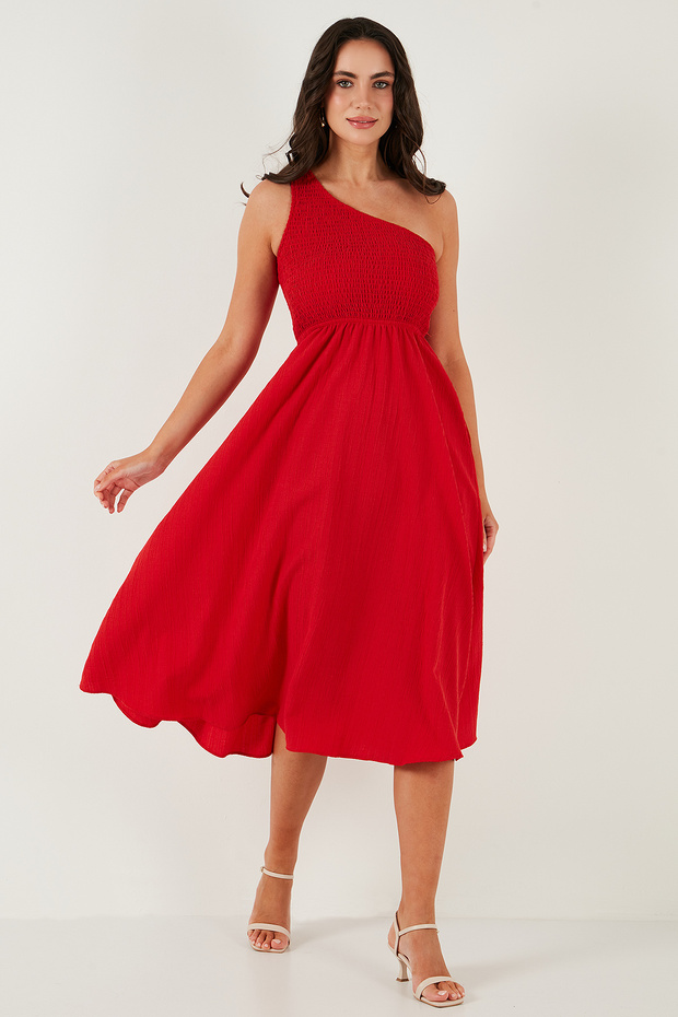 Regular Fit Tek Omuz Belden Açılan Gipeli Midi Boy Elbise ELBİSE 67810248 - 3