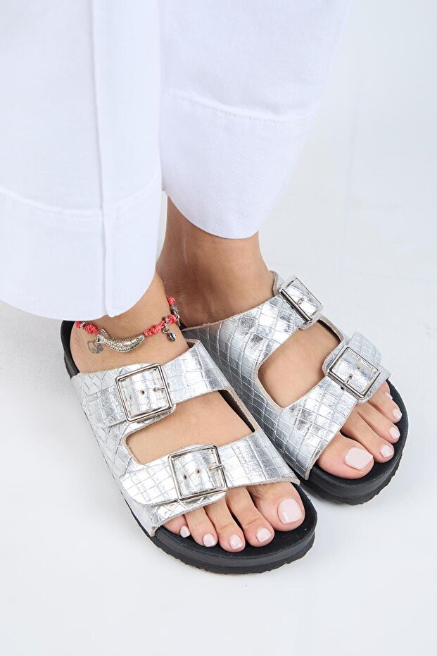 Anjelic Croco Women's Genuine Leather Double Buckle Silver Slippers