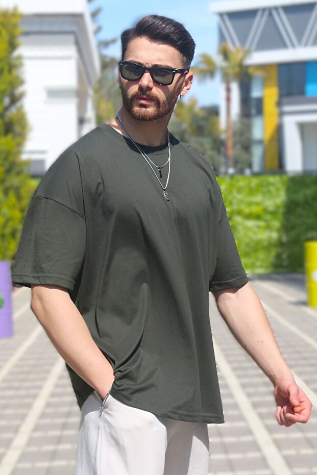 Men's Khaki Oversize Single Jersey 100% Cotton Fabric Crew Neck T-Shirt