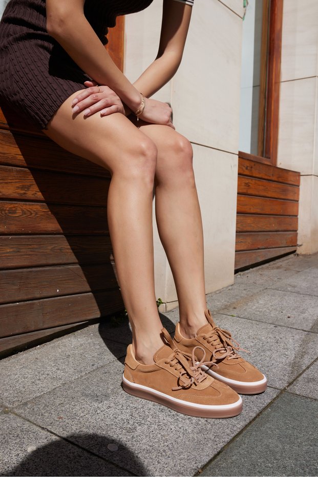 Paok Women's Nude Real Suet Double Lace Detail Sneaker