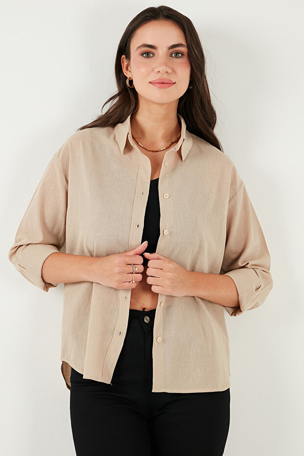 Keten ve Pamuk Karışımlı Regular Fit Önü Kısa Arkası Uzun Gömlek GÖMLEK 6772853 - 2