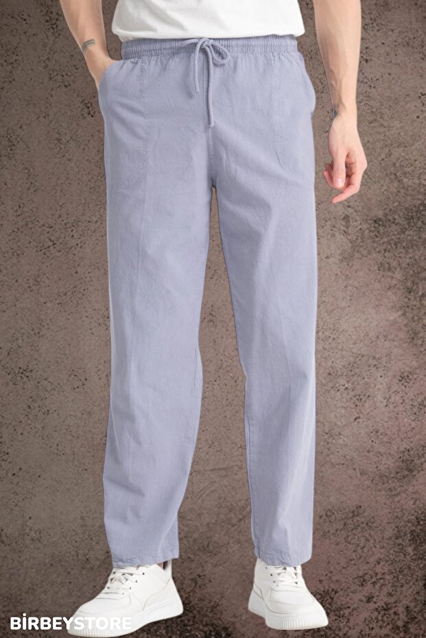 Summer Linen Trousers Raw Fabric Sweatpants Elastic Waist Unisex Comfortable Fit Raw Fabric Bottom Sweatpants (Light Blue)