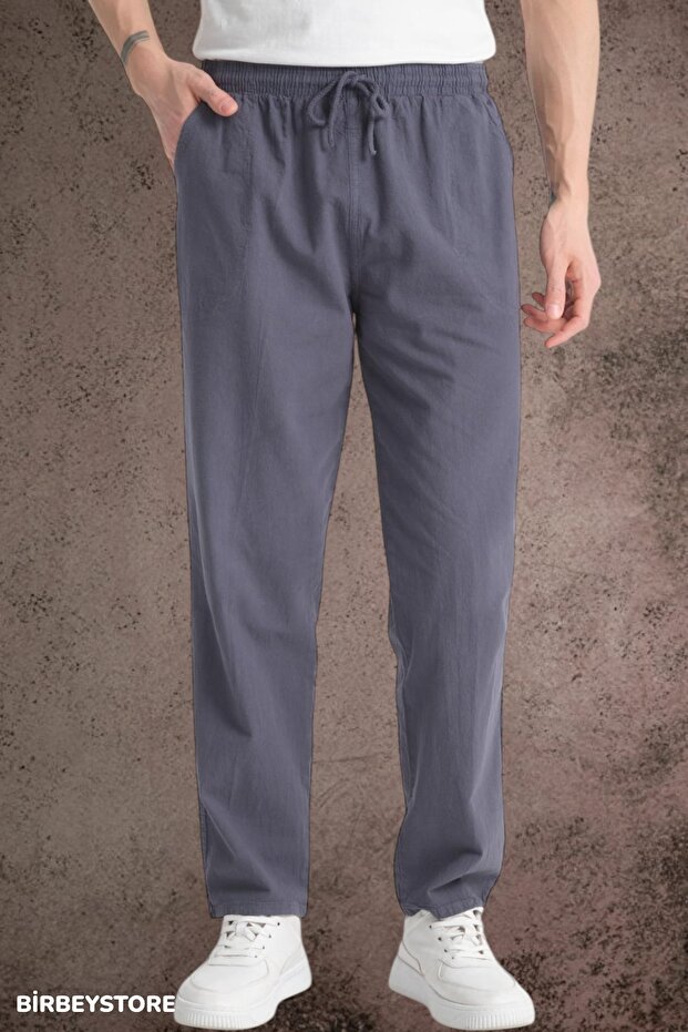 Summer Linen Trousers Raw Fabric Sweatpants Elastic Waist Unisex Comfortable Fit (Koyuantrasit)