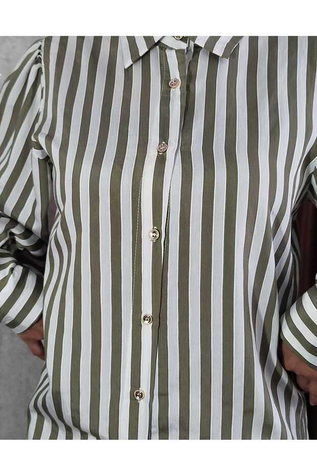 Yeşil Çizgili Rahat Kalıp Basic Gömlek - 5
