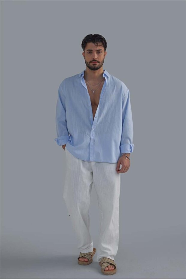 Collar Buttoned Linen Shirt Light Blue